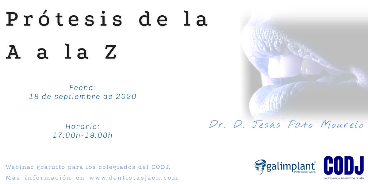 Gracias a la colaboración de <a href="/galimplant/">Galimplant</a> , este viernes, el Dr. D. Jesús Pato Mourelo impartirá el webinar gratuito "Prótesis de la A a la Z". Con él veremos la toma de impresiones y de registro, el montaje en articulador y los tipo de prótesis.

¡Toda la info en nuestra web!