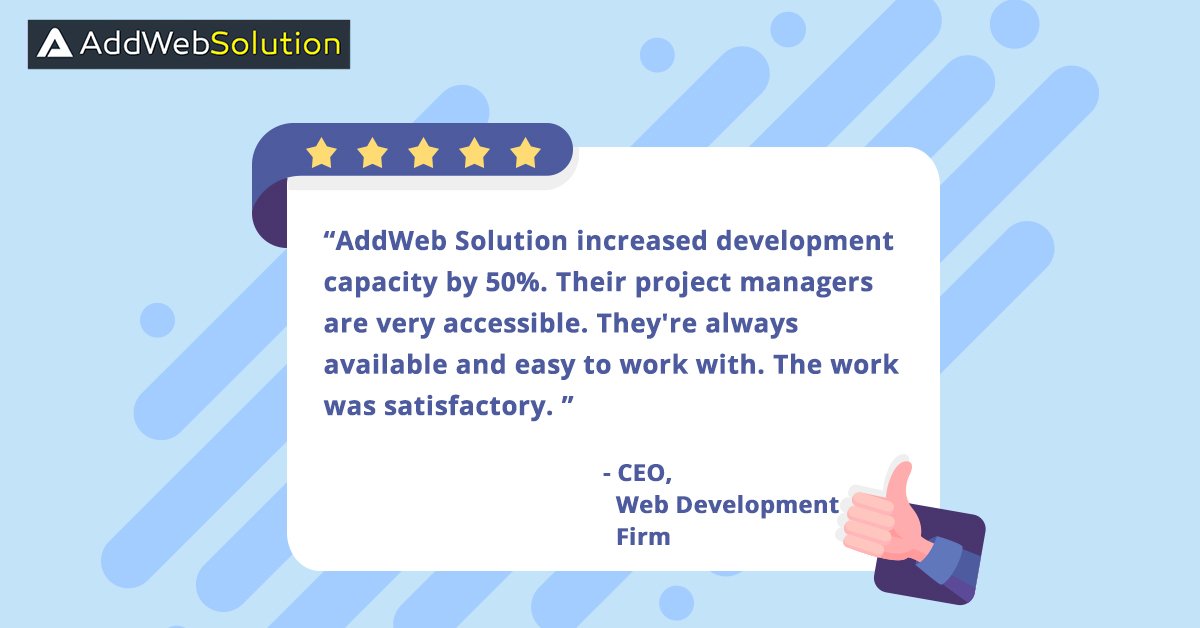 AddWebSolution's tweet photo. Kind words and positive reviews from our #clients inspire us to continue the good work. #AddWebSolution follows Our Mantra: “Client Happiness”.

Here’s what one of our esteemed clients have to say about us!https://t.co/XFIpW1BdR8

#Webdevelopment #outsourcing #offshoredevelopment https://t.co/muDWfiSq4U
