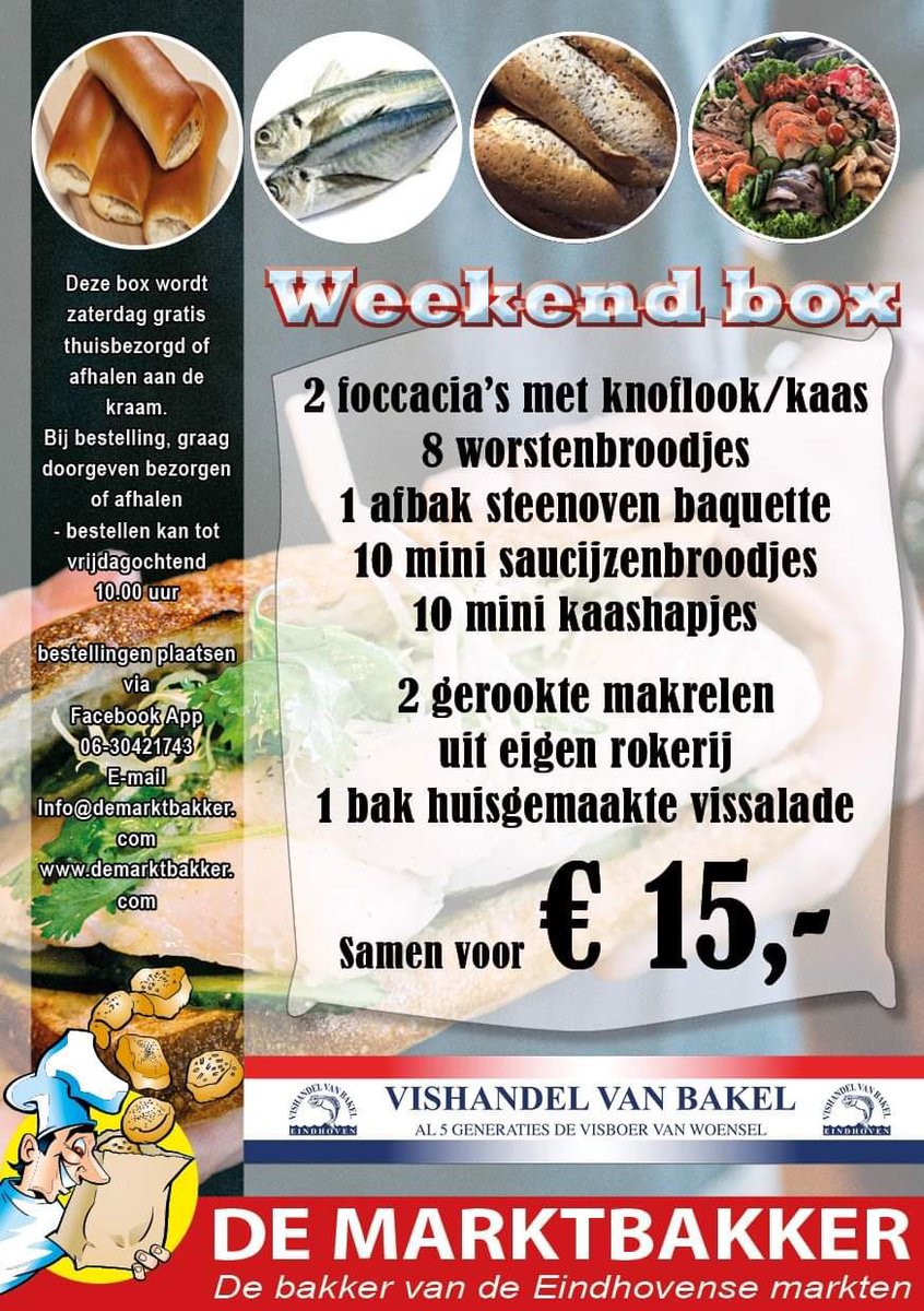 Deze week samen met vishandel van Bakel een mooie #weekendbox voor €15,-
Zaterdag af te halen bij ons aan de kraam of we bezorgen deze zaterdag kosteloos aan huis.
Bestellen kan op demarktbakker.com
