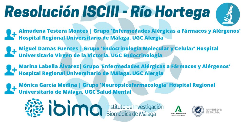 _ibima's tweet photo. 📣 Resolución del @SaludISCIII | Contratos #RíoHortega con incorporación a IBIMA:
👩🔬 #AlmudenaTestera
👨🔬 @MiguelDamas9
👩🔬 #MarinaLabella
👩🔬#MónicaGarcía
🏥Desarrollarán su actividad en @HRegionalMalaga y @HUVV_SAS
➡ @saludand @eSaludInvestiga
👏¡Enhorabuena a todos/as! https://t.co/Pu8VLEOHCP