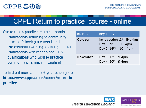 CPPEEast's tweet photo. Are you thinking of returning to the GPhC register or to work in community pharmacy following a career break? We have a adapted our residential #CPPEreturn2practice course to an online course and it will be running from October. To find out more go to:
https://t.co/Zq2vY2ve37 https://t.co/cQU4kEv4Vj
