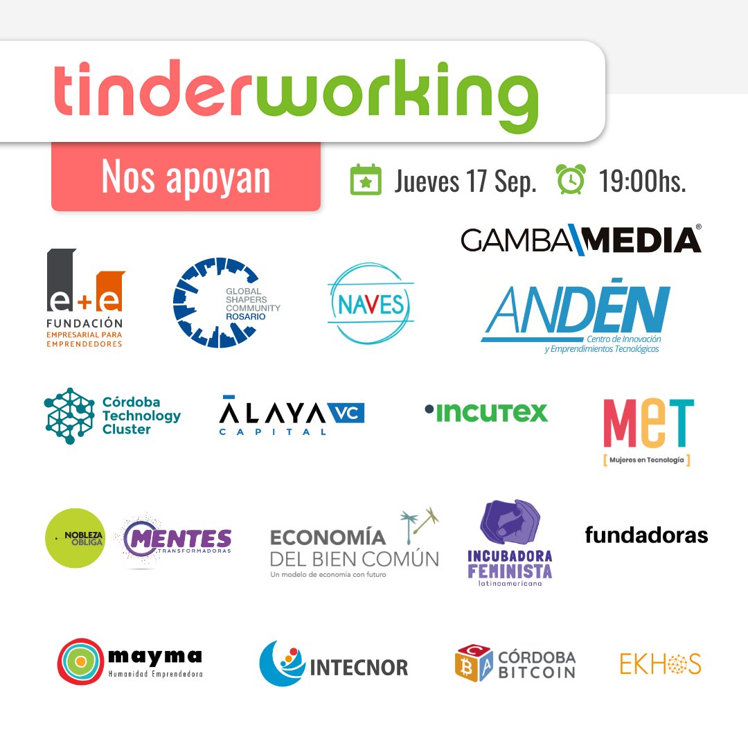 FunIniciativa's tweet photo. TINDERWORKING ONLINE  Organizado por ASETEC,  Fundación GenE y Fundacion Iniciativa  📅 Jueves 17/09 🕔 19:00hs Animate a matchear desde casa!! Inscribite acá
👉 https://t.co/qhHQe2s5LO 
#tinderworking #startups #emprendedores #matchfederal https://t.co/IM1L3Z5AsV