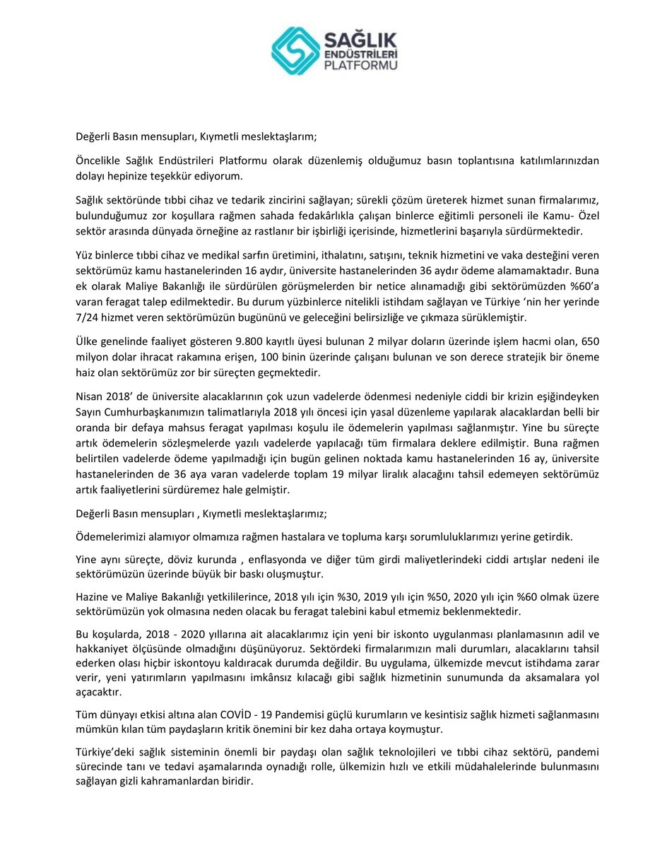 egemedikalder's tweet photo. Sağlık Endüstrileri Platformu Basın Bülteni   

#tıbbicihaz #feragatahayır #tıbbicihazhayatkurtarır https://t.co/0HqqYWBxXC