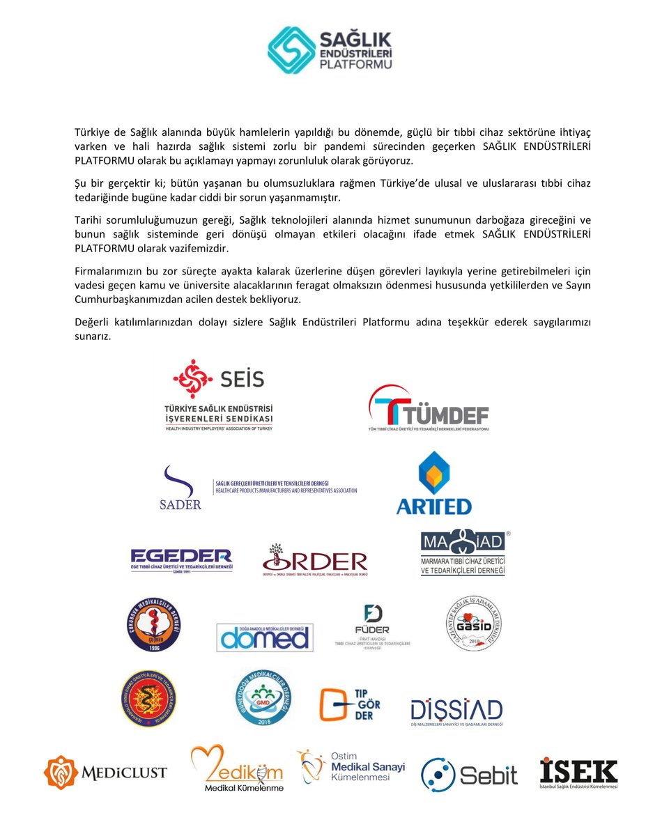 egemedikalder's tweet photo. Sağlık Endüstrileri Platformu Basın Bülteni   

#tıbbicihaz #feragatahayır #tıbbicihazhayatkurtarır https://t.co/0HqqYWBxXC