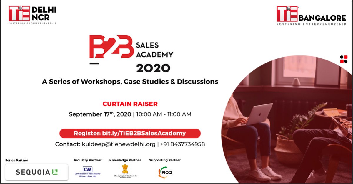TiE Delhi-NCR (@tiedelhi) on Twitter photo Be a part of the 1st ever B2B Sales Academy presented by <a href="/TiEDelhi/">TiE Delhi-NCR</a> & <a href="/TiEBangalore/">TiE Bangalore</a> .
✔️8 Week Program
✔️Experts from Leading Corporates
✔️Skills to Accelerate your Startup
✔️Pivot B2B Sales Methods in current climate.
Register for the 1st Session: bit.ly/TiEB2BSalesAca…. Be a part of the 1st ever B2B Sales Academy presented by <a href="/TiEDelhi/">TiE Delhi-NCR</a> & <a href="/TiEBangalore/">TiE Bangalore</a> .
✔️8 Week Program
✔️Experts from Leading Corporates
✔️Skills to Accelerate your Startup
✔️Pivot B2B Sales Methods in current climate.
Register for the 1st Session: bit.ly/TiEB2BSalesAca….