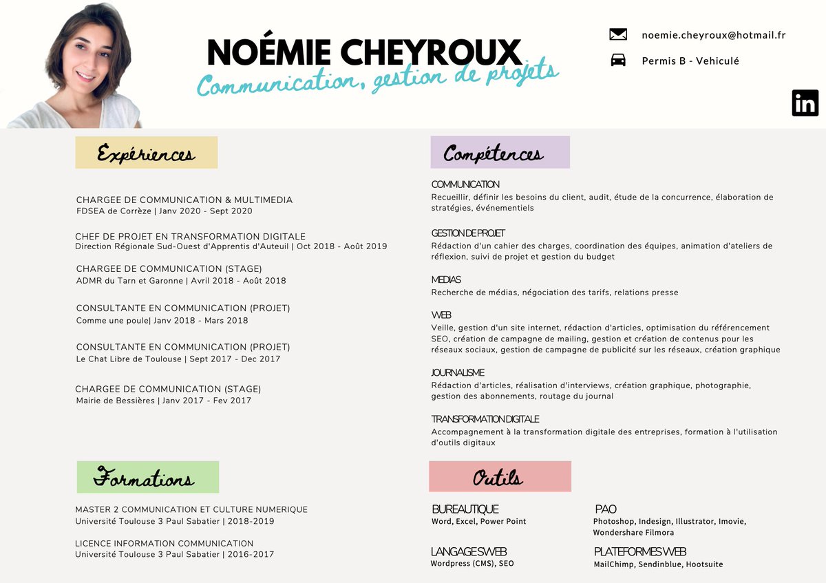 CheyrouxN's tweet photo. Bonjour à tous, 

Un poste en #communication à pourvoir dans votre équipe  ? 👋

💼 Recherche #CDI ou #CDD
📍#Ariège, Sud de #Toulouse 
📩 noemie.cheyroux@hotmail.fr
 🔗 https://t.co/hUGY7Xtrma

Merci pour vos partages ! 
#pleaseRT #i4emploiR @i4Emploi https://t.co/Cy5Ac2RPpO
