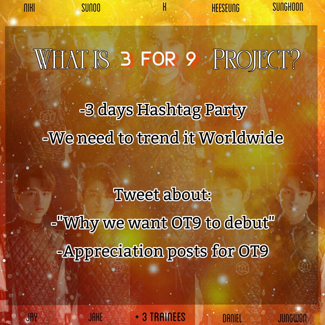 jaybeomshier's tweet photo. #3for9 is a mini project for the remaining 9 Trainees in #ILAND. It is a 3 days hashtag party, where we will post appreciation and voice our opinion regarding the Final line up. It might help us to reach the company and make OT9 Debut happen.+
@mnetiland https://t.co/q2JvhrK5Hv