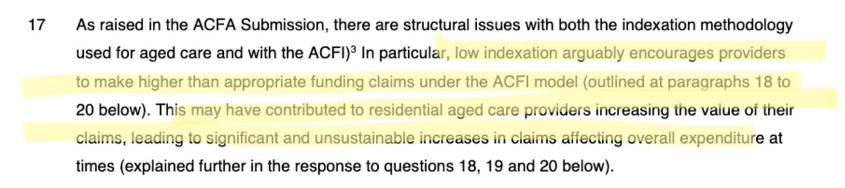 Department now proffers its own theory on why it says providers were 'overclaiming' the ACFI: because it wasn't keeping pace with costs. And how did they deal with that? By freezing the indexation and lowing complex care payments. Brain genius.