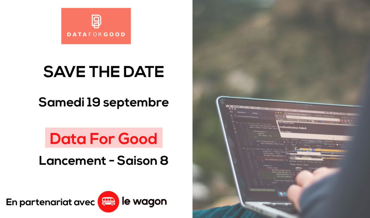 ⌛J-5 avant la 8e saison de <a href="/DataForGood_FR/">Data for Good</a> x Le Wagon !

Vous êtes data scientist, data analyst, data engineer, développeur, designer,... RDV le 19.09 pour découvrir des projets qui mettent la #datascience au service d’enjeux d’intérêt général  🚀

RSVP 👉lew.ag/DFGxLW