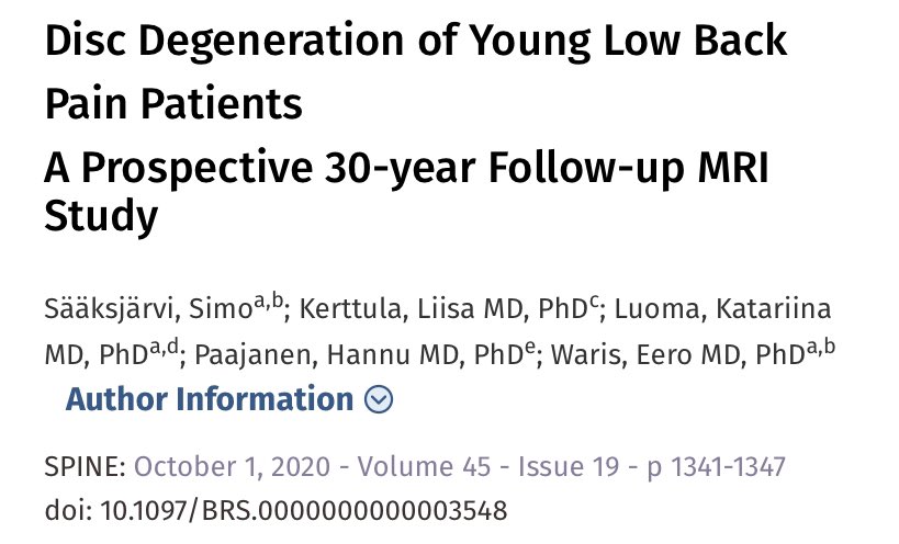 #spinetweet Current issue: 30-yr study on evolution of lumbar degeneration in those with early findings on MRI. Read it now: journals.lww.com/spinejournal/A… .@NASSspine .@ISASSorg .@EUROSPINESoc .@AAPTHQ .@AAPhysiatry_RFC .@spinesection