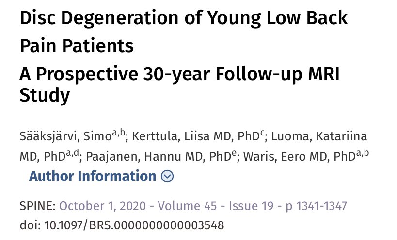 SpinePhilaPA76's tweet photo. #spinetweet Current issue: 30-yr study on evolution of lumbar degeneration in those with early findings on MRI. Read it now: https://t.co/2s9jjSmGpI .@NASSspine .@ISASSorg .@EUROSPINESoc .@AAPTHQ .@AAPhysiatry_RFC .@spinesection https://t.co/r2Cm0Co5oR