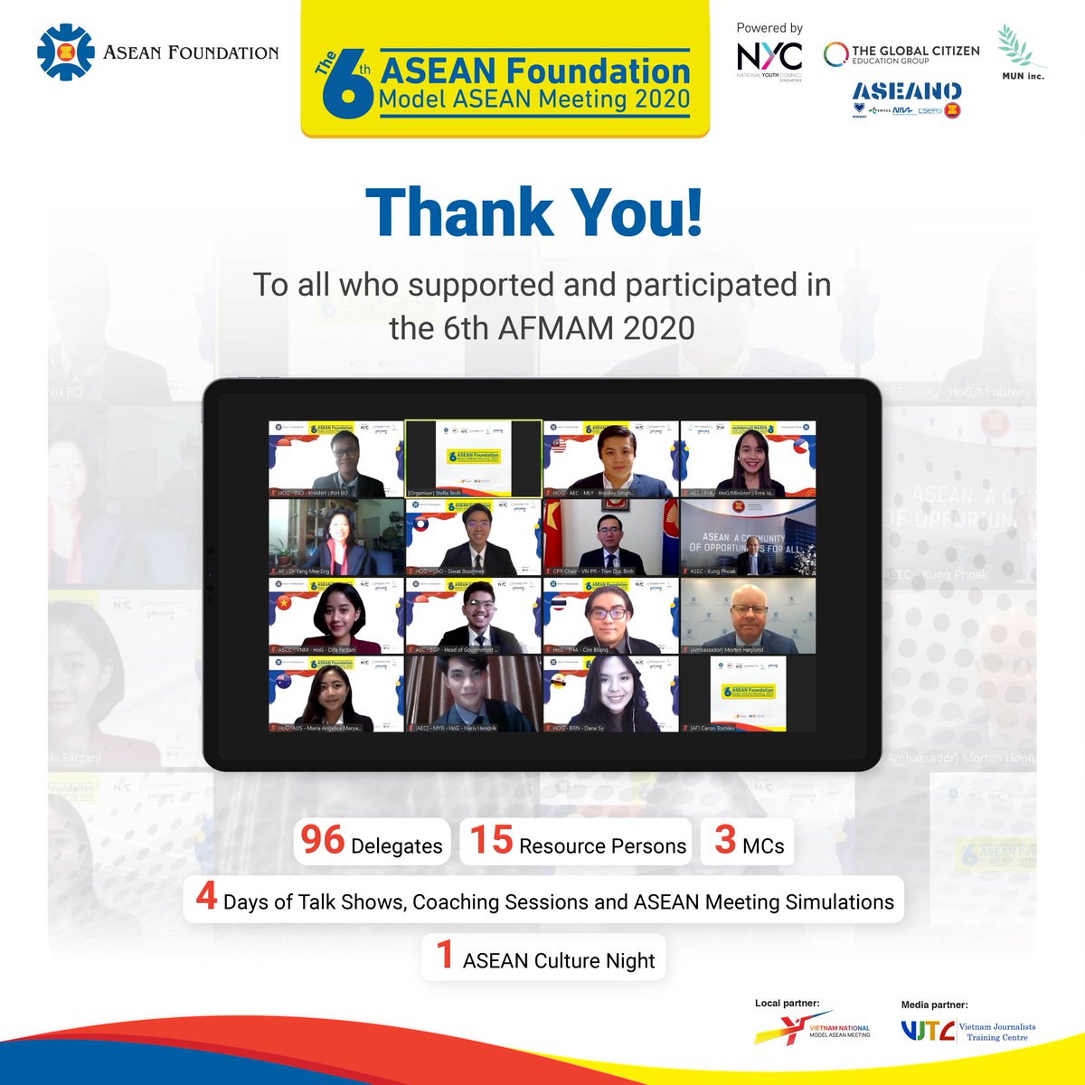 aseanfoundation's tweet photo. The 6th ASEAN Foundation Model ASEAN Meeting (AFMAM) 2020 successfully ends last week and we would like to dedicate this post to give a big shoutout to all #AFMAM2020 Delegates and our partners!
Thank you, everyone, for making #AFMAM2020 such an awesome experience!
#BeASEAN https://t.co/BojTYYbXpB