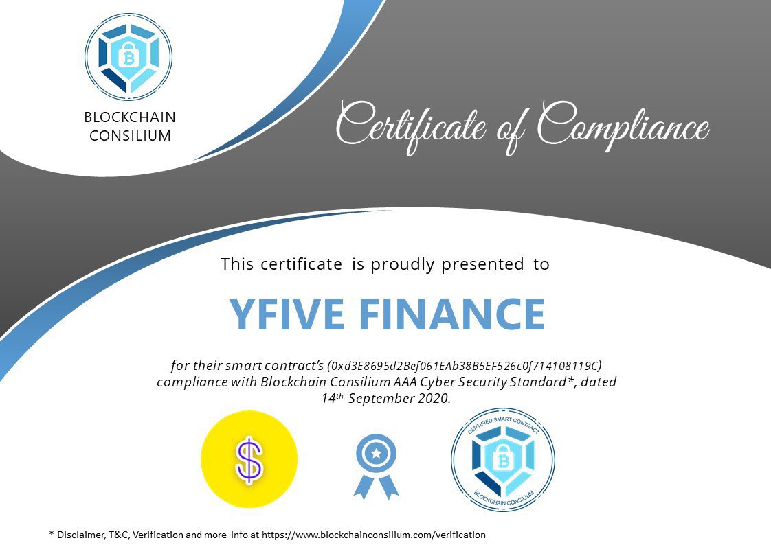 YFIVEfinance's tweet image. We are Pleased to inform that now our ERC 20 Smart Contract has been Audited by BlockchainConsilium and we passed the security check 

Link - blockchainconsilium.com/verification?c…

#YFIVE $YFIVE #DeFi #YieldFarming