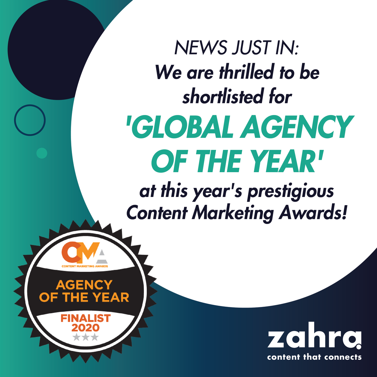 News just in: We are thrilled to be shortlisted for 'Global Agency of the Year' at this year's prestigious Content Marketing Awards! The winners will be announced on October 14. Currently crossing our fingers and toes... find out more here: buff.ly/2ZvawoD #contentagency