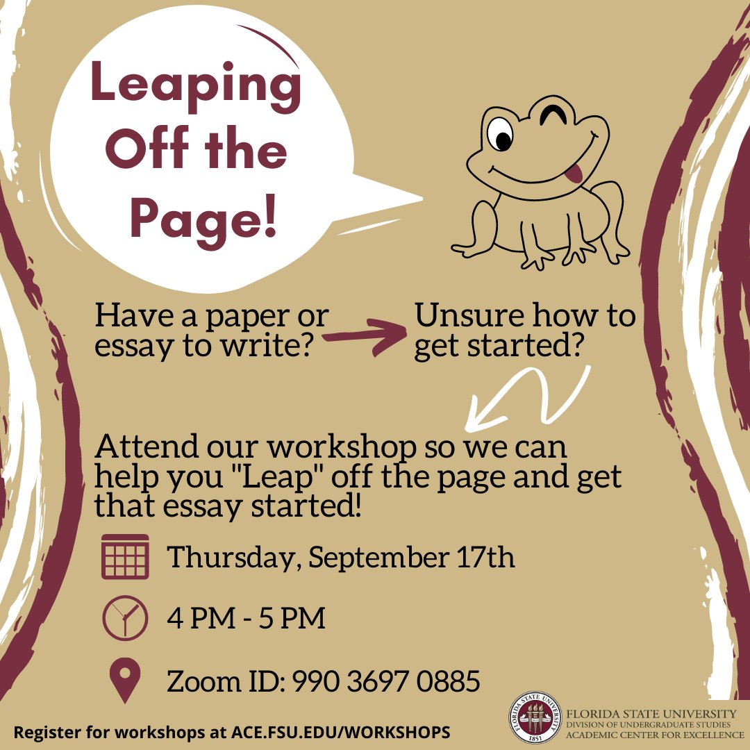 FSU_ACE's tweet photo. Writer's block getting you down? Do you have a new assignment and don't know where to start? Come to our workshop for advice on picking a topic, getting organized, finding resources, and starting your paper off right! Register at https://t.co/ipQlXQJy1y ! #ACEWorkshop #VirtualFSU https://t.co/IYyyGSoWuJ