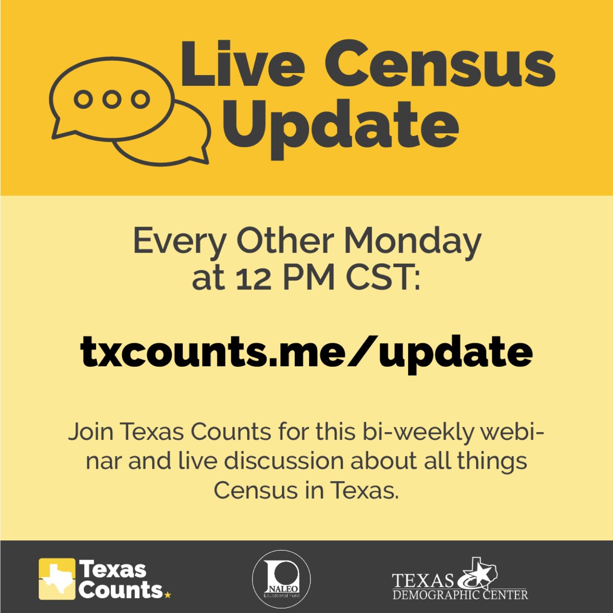 KatieMartfoot's tweet photo. Hey Texas! The @TexasCounts Census Update is starting at 12PM CST! Join @NALEO, @TexasDemography, and @EveryTxn as we discuss the latest on the #2020Census in Texas! #txcounts #texascounts

RSVP HERE 👇
https://t.co/DhDTL9q1ZF https://t.co/CAwUrpwTWv