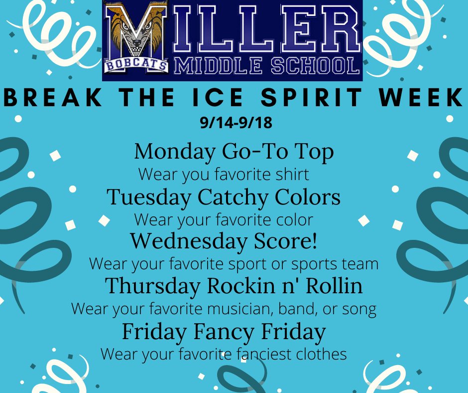 MillerBobcats's tweet photo. Good morning, Bobcat families! We're looking forward to seeing how our student Break the Ice this week. Please post participation pictures sharing your child's school spirit! #1ForKids #WeAreMiller #MoreThanABuilding https://t.co/vS8b99lewW