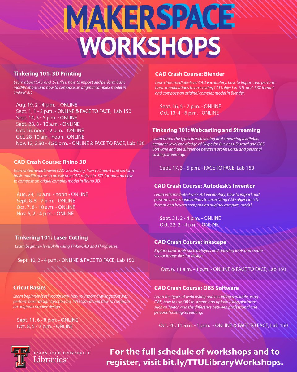 TexasTechLib's tweet photo. Start tinkering in the Makerspace with the help of our #LearnAtYourLibrary workshops! Tinkering 101 TODAY at 3, CAD Crash Course on the 16th at 5, plus TONS more! Register today! #GoLibrary #GocreateYourWorld #ReadEmWreckEm #TexasTech https://t.co/dp3s0v80zt