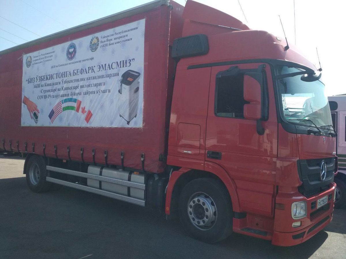 After customs clearance processed at the #Tashkent Airport, the trucks loaded w/ #OxygenConcentrators & #PulseOximeters are heading right now to #Kashkadarya & #Surkhandarya. The equipment was donated by our compatriots & American & Canadian friends of 🇺🇿.  #WeCareAboutUzbekistan