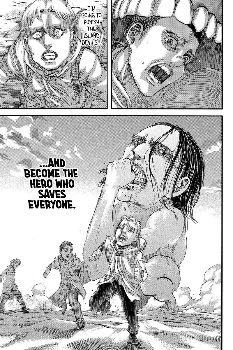The Warriors, subjects of discrimination, travel to Paradis for their families’ & race’s sake. They inspire hatred & helplessness in the islanders, not unlike theirs.Eren then comes & massacres Liberio, repeating the cycle in a new generation, shown through Gabi.   #AoTali