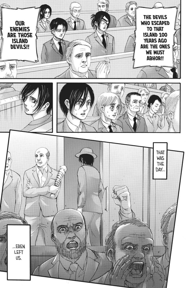 The truth is, discrimination & hatred run very deep. Gabi is accepted by the Blouses while Paradis is constantly rejected by the world. The lives of the island are on Eren’s shoulders. He preferred to talk things out, but Isayama shows how difficult a large-scale fix is.  #AoTali