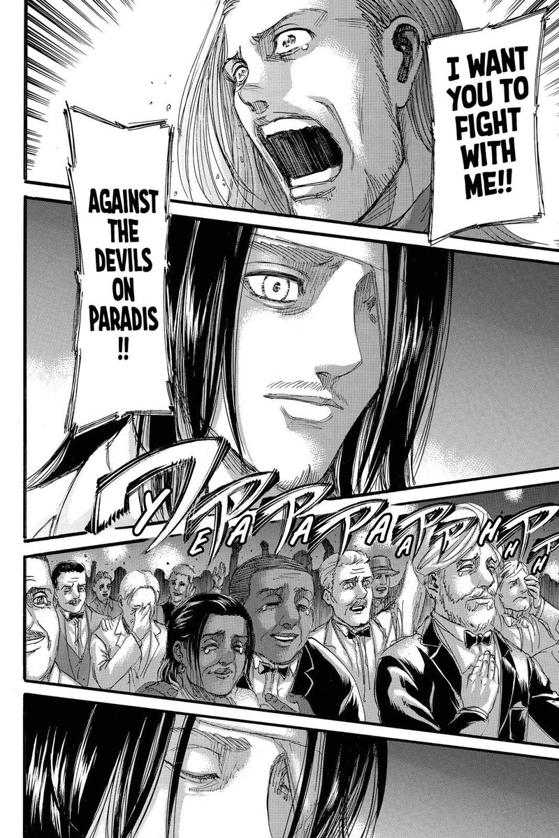 The truth is, discrimination & hatred run very deep. Gabi is accepted by the Blouses while Paradis is constantly rejected by the world. The lives of the island are on Eren’s shoulders. He preferred to talk things out, but Isayama shows how difficult a large-scale fix is.  #AoTali