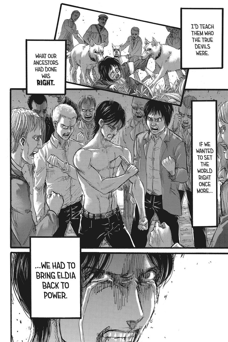 Isayama shows us how the environment shapes the motivations of our “good guys” like the SC & Grisha for a huge chunk of the series. It is precisely because he introduces these themes earlier, that they’re effective when he flips the story on its head in Marley.  #AoTali