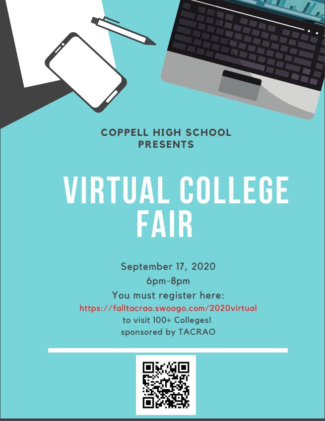 CoppellCouns's tweet photo. CHS Virtual College Fair THURSDAY! #CHSHome #CHSRelentless https://t.co/G5Pkt9yhjN