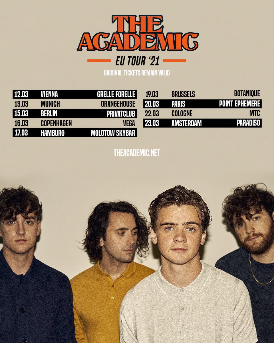 TheAcademic's tweet photo. While not totally unexpected we just got word that we have no choice but to reschedule our upcoming European dates. The good news is that all these dates have been rescheduled for Spring 2021! More details and tickets on sale now at https://t.co/gHowEtYUWq https://t.co/pLepY5KTkP