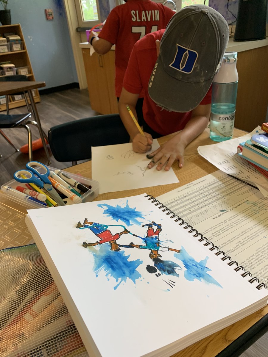 You might have been lucky and saw 1st graders art on the walkway during drop-off or pick-up. They explored lines using chalk during art last week. Our 4th graders used watercolors for their art medium to paint a summer experience. We love seeing these #CreativeMinds at work!