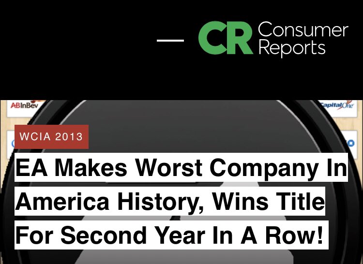 6/ Riccitello is my biggest concern when considering  $U. During his tenure as CEO of  $EA he tanked the share price -65% in a period when  $QQQ was +70% and w/250k votes, won the title of Worst Company In America, 2012 and 2013, two years in a row!