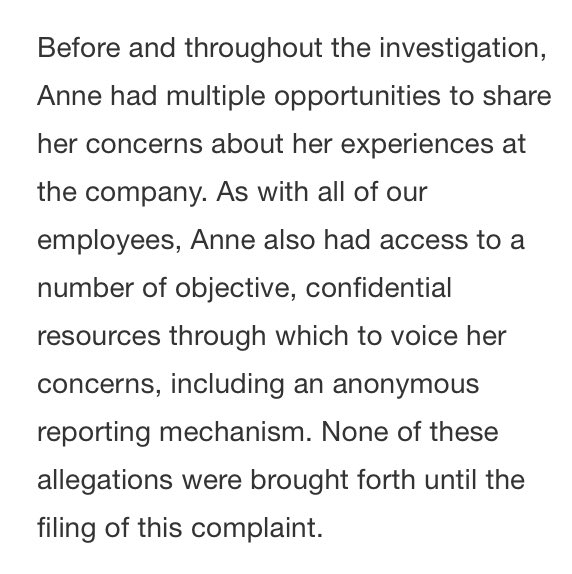 9/ Unity’s response was weak. “Anne had access to a number of objective, confidential resources…none of these allegations were brought forth…” There’s no way to file a complaint about a specific incident confidentially. The incident would’ve immediately identify Evans.
