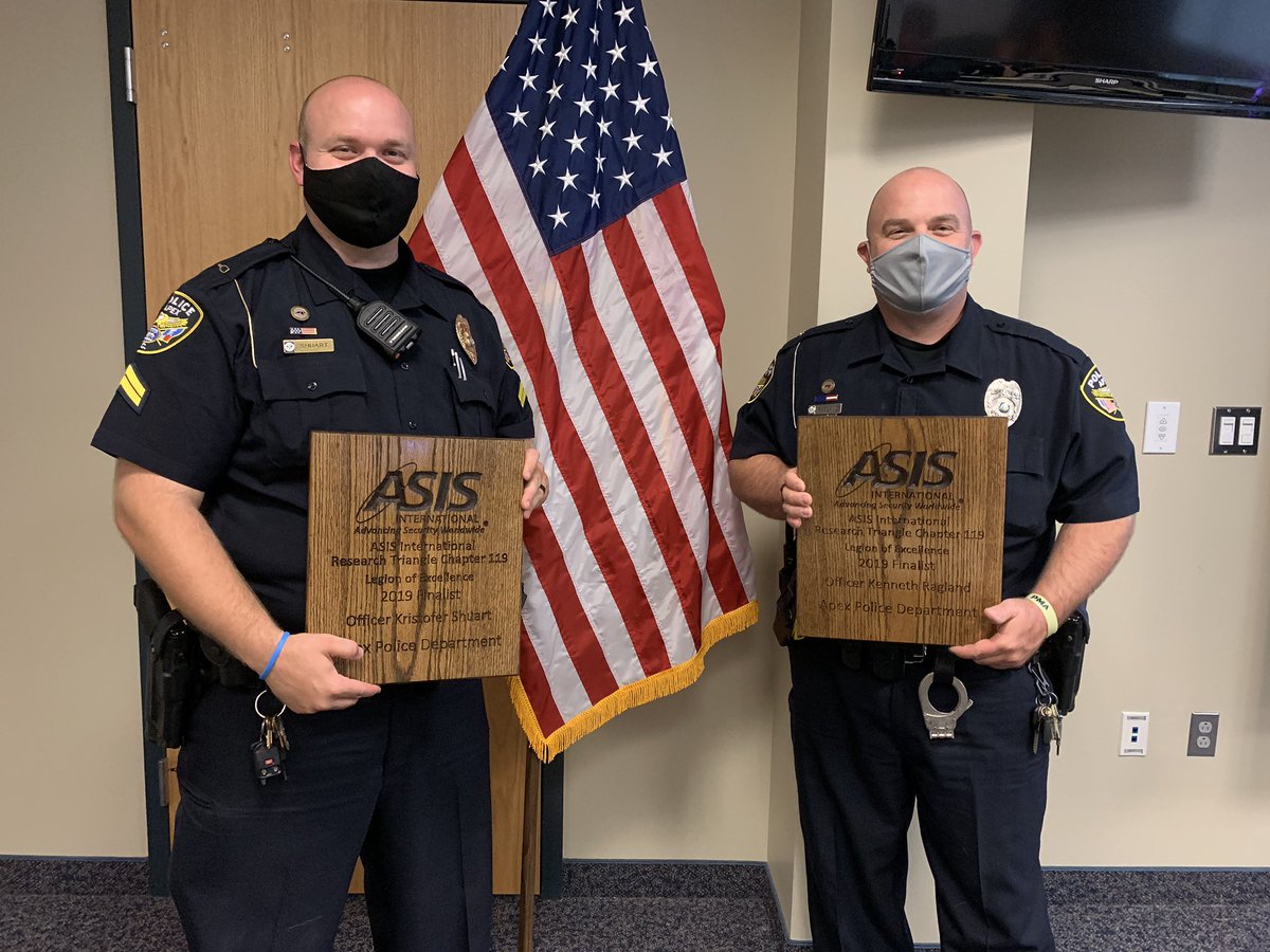 ApexPolice's tweet photo. Congratulations to Corporal  Shuart and Officer Ragland for receiving the ASIS Award for their work in Community Policing! https://t.co/xD22jv0H5p