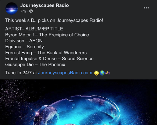 JourneyscapesFM's tweet photo. New music highlights this week on https://t.co/yOYeStiALN πΉππ
#AmbientRadio #ChilloutRadio #InternetRadio #OnlineRadio #AmbientChart #ChilloutChart https://t.co/Md3qjo7Ion