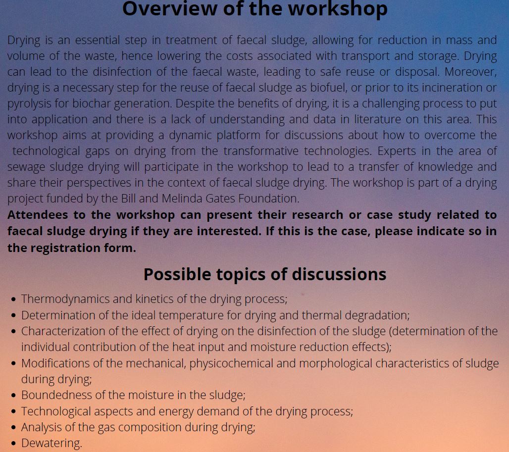 wash_centre_sa's tweet photo. The PRG presents:
Free ONLINE WORKSHOP on FAECAL SLUDGE DRYING to take place 22 and 23 September 2020.
Please see below for more information and click here to register:
https://t.co/BJ5IqJ7EQL
#FSM #FaecalSludgeManagement #SludgeDrying #prgsa https://t.co/bfDB1z71R7