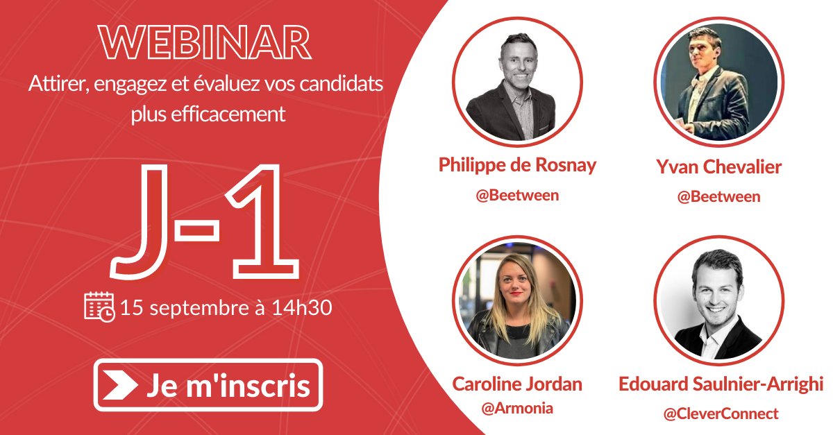 beetween_ats's tweet photo. J-1️⃣ avant notre tout premier #webinar !
Rejoignez Philippe de Rosnay et Yvan Chevalier de #Beetween, @EdouardSaulnier de @CleverConnect et Caroline Jordan du Groupe @Armonia_fr demain à 15h30 pour parler du #recrutementdigital !
Inscrivez-vous ici ➡https://t.co/91RRNt4P3X https://t.co/KlDlVUaESa