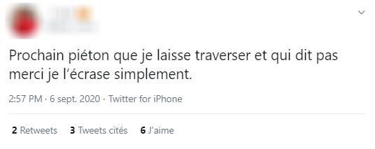 #FarcisTonCycliste n°227. Être piéton, c'est faire face à des motards hargneux, prêts à vous tuer si vous ne les remerciez pas d'avoir respecté le code de la route.