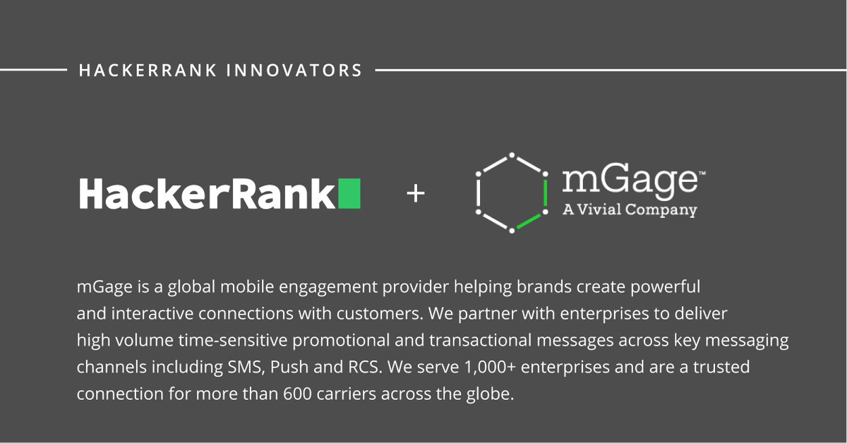 hackerrank's tweet photo. With HackerRank's Developer Skills Platform, mGage has been consistently hiring top technology &amp; engineering talent in Los Angeles &amp; the Dominican Republic.

Congratulations @mGageLLC for being featured as a HackerRank Innovator! 🏆 

#HackerRankInnovator #HackerRankInnovators https://t.co/4cSxkisnAt