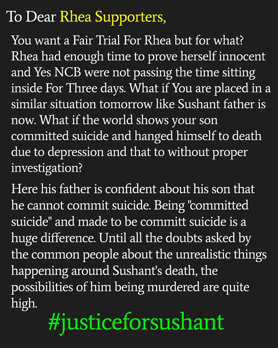 sushholic's tweet photo. Repost this and let them get a slam on their face.! 
To all who were saying for a fair trial to prove rhea herself innocent .... 
#justiceforsushant https://t.co/tkYGeWFpZH