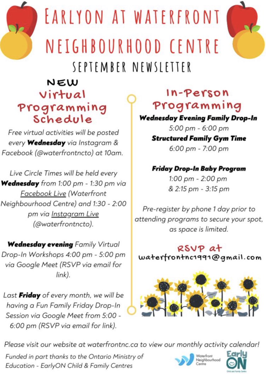 waterfrontncto's tweet image. So much to look forward to this month with our Early ON programs! We are now offering both virtual and in-person programming!🍎 

#earlyON #waterfrontncTO #babyprograms #childrensprograms #torontokids #torontotogether #virtualprogramming #waterfrontTO