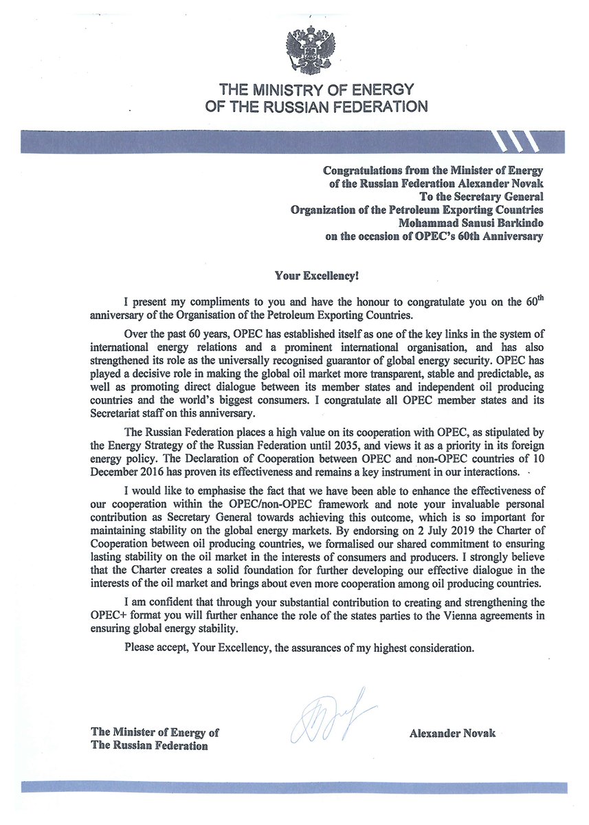 MinenergoGov's tweet photo. #OPEC #OPECday

Congratulations from the Minister of Energy of the Russian Federation Alexander Novak @novakav1 to the Secretary General of the Organization of the Petroleum Exporting Countries Mohammad Sanusi Barkindo on the occasion of @OPECSecretariat's 60th Anniversary. https://t.co/I3H2FdEUwh