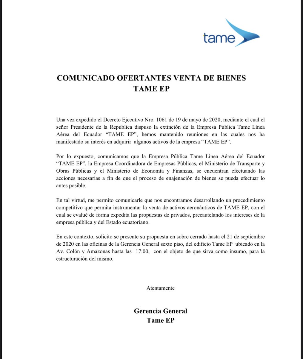 #COMUNICADO | Informamos que la recepción de ofertas de compra de bienes de <a href="/Tame_EP/">Tame EP Ecuador</a> se recibirán hasta las 17h00 del lunes 21 de septiembre de 2020 en 6to. piso del edificio matriz.