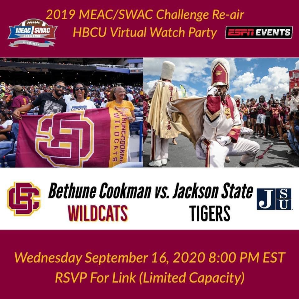 bethunecookman's tweet photo. Grab your favorite stadium snacks and show your B-CU pride by wearing your maroon and gold. Join the fan fare VIRTUALLY! ESPNU will also host an HBCU Virtual Watch Party with nearly 1000 fans on Zoom during the game. Hear from ESPN announcers Tiffany Greene and Jay Walker (2/3) https://t.co/B3j7FlXRvt