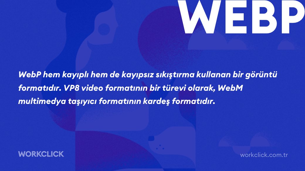 Workclicktr's tweet photo. WebP hem kayıplı hem de kayıpsız sıkıştırma kullanan bir görüntü formatıdır. VP8 video formatının bir türevi olarak, WebM multimedya taşıyıcı formatının kardeş formatıdır.
#webp #bilgi #dijital #digital #creative #agency #workclick #design https://t.co/eCoZ3wbdny