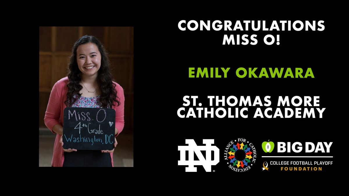 ACEatND's tweet photo. Your work and commitment to our youth is truly inspiring. We honor you and want to thank you for shaping our nation’s youth in a positive way.” - @NDWBB @IrishCoachIvey to ACE 26 Teacher Emily Okawara on being selected as the @CFPExtraYard #BIGDAY honoree. @FightingIrish https://t.co/P30k9e5EEB