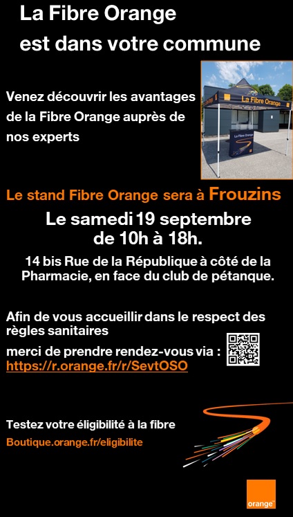 Vous êtes éligibles à la #fibre et vous habitez Frouzins ? Venez rencontrer les conseillers #orange sur le stand #fibre, sam 19/09, 14 bis Rue de la République à côté de la Pharmacie. Prenez RDV : r.orange.fr/r/SevtOSO <a href="/ggleonardon/">Leonardon Géraldine</a> <a href="/BlanchardMylene/">Mylene Blanchard</a> <a href="/daviddaraux/">David Daraux</a> <a href="/chacha353431/">Charlene hervault</a>