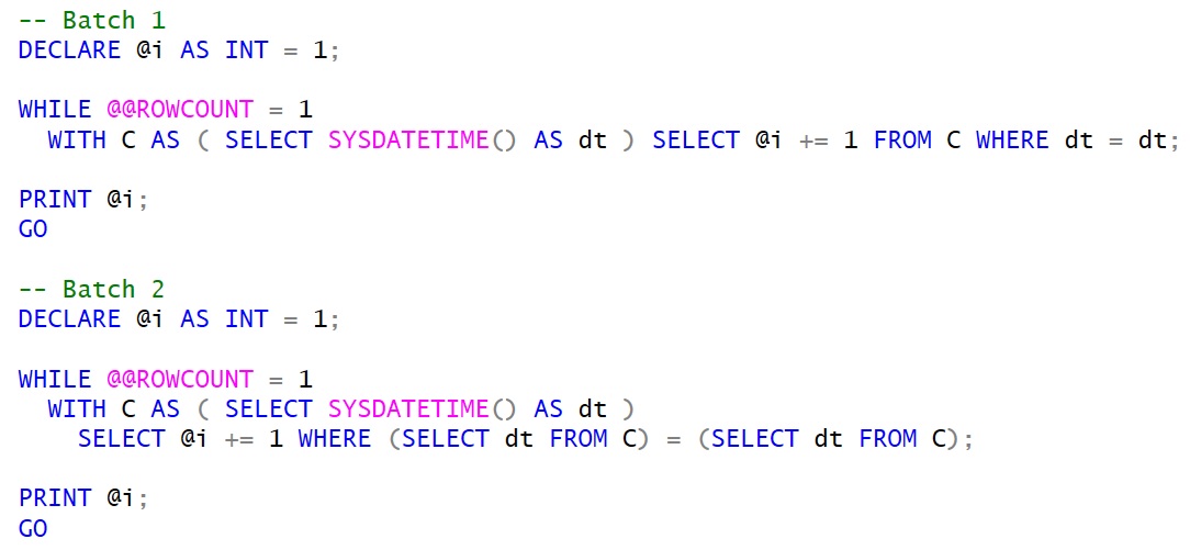 ItzikBenGan's tweet image. 1/3 Can anyone find a difference in the plans for the following two batches? #sqlhelp
In the first batch, SYSDATETIME is evaluated only once, whereas in the second it is evaluated twice, but I cannot find any indication for this in the plans. I&apos;ll post the code as replies...