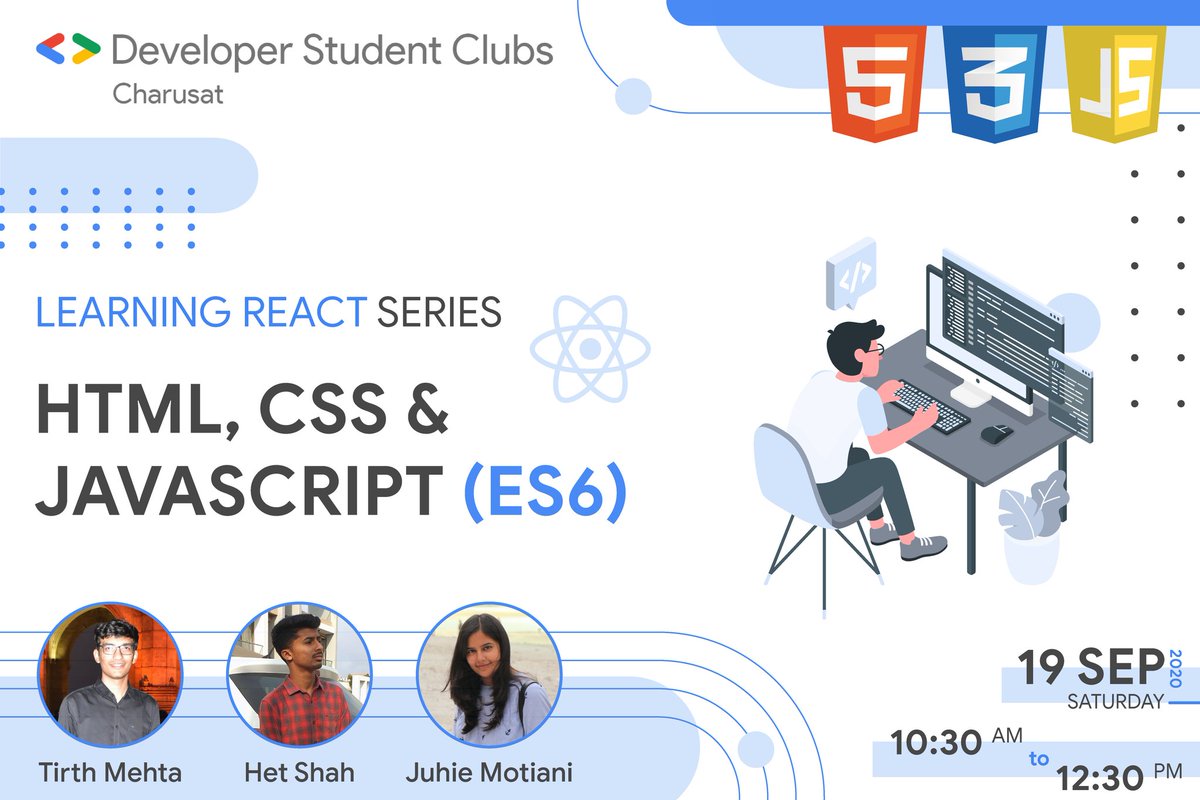 DSC_Charusat's tweet photo. DSC is up with first episode of it's workshop series!

Get ready on 19/09/2020 to dive into the journey of learning what makes React popular from 10:30-12:30PM with HTML, CSS &amp; JS (ES6). 

Reg. Link : https://t.co/1StCdKskRE

#dsc #developerstudentclubs #developer #es6 #html #css https://t.co/4s6KC1gGQX