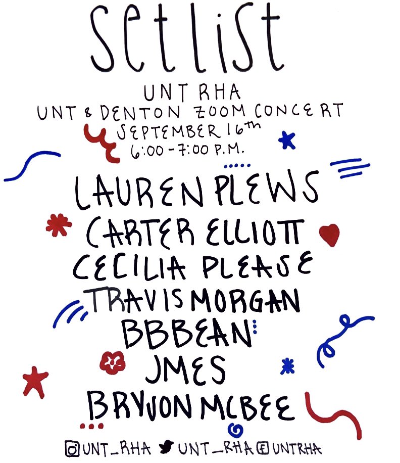 UNT_RHA's tweet photo. The set list is out!

Wednesday September 16th from 6:00-7:00 P.M. is our first UNT &amp; Denton Zoom Concert!

Student: join through the bio linktree "UNT &amp; Denton Zoom Concert | 9/16 | 6:00-7:00" 

Non students: email Amanda.Usry@unt.edu for the code!
 
See you all soon! https://t.co/QAIgBLbhFu
