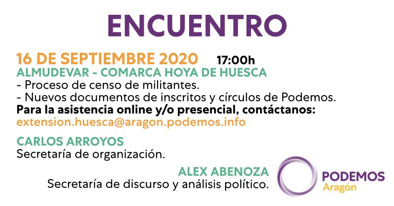CirculoHoya's tweet image. Este miércoles 16 de Septiembre a las 17 horas , tendremos una reunión comarcal (#HoyadeHuesca) nuevos documentos de #Podemos y la #Agenda2023.
Escribir un correo al extension.huesca@aragon.podemos.info
La reunión podrá ser online o presencial , hasta cubrir las normas #covid19